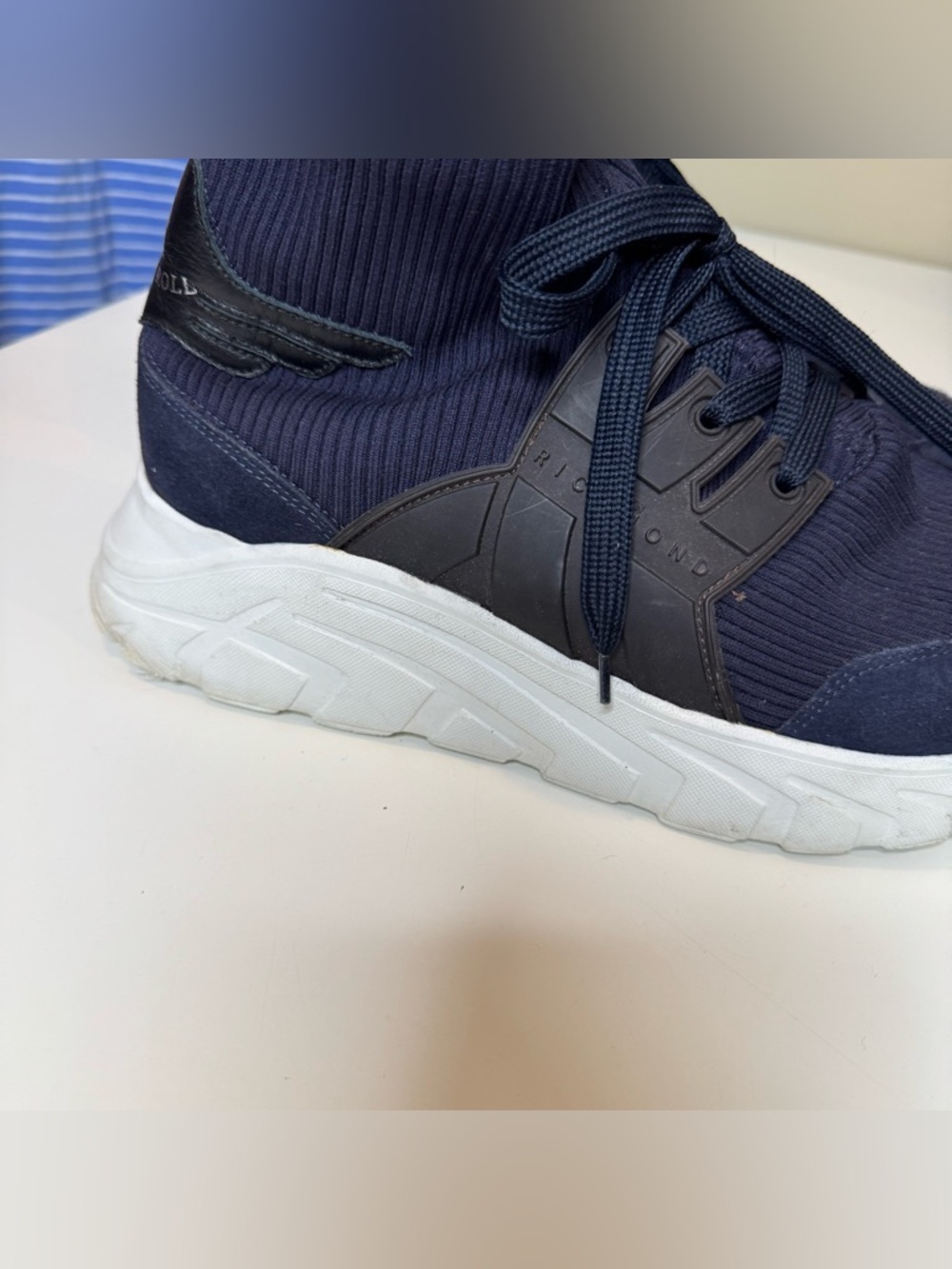 John Richmond Sock Sneakers Navy High Top Knit Shoes Made in Italy size 12 - Picture 2 of 11